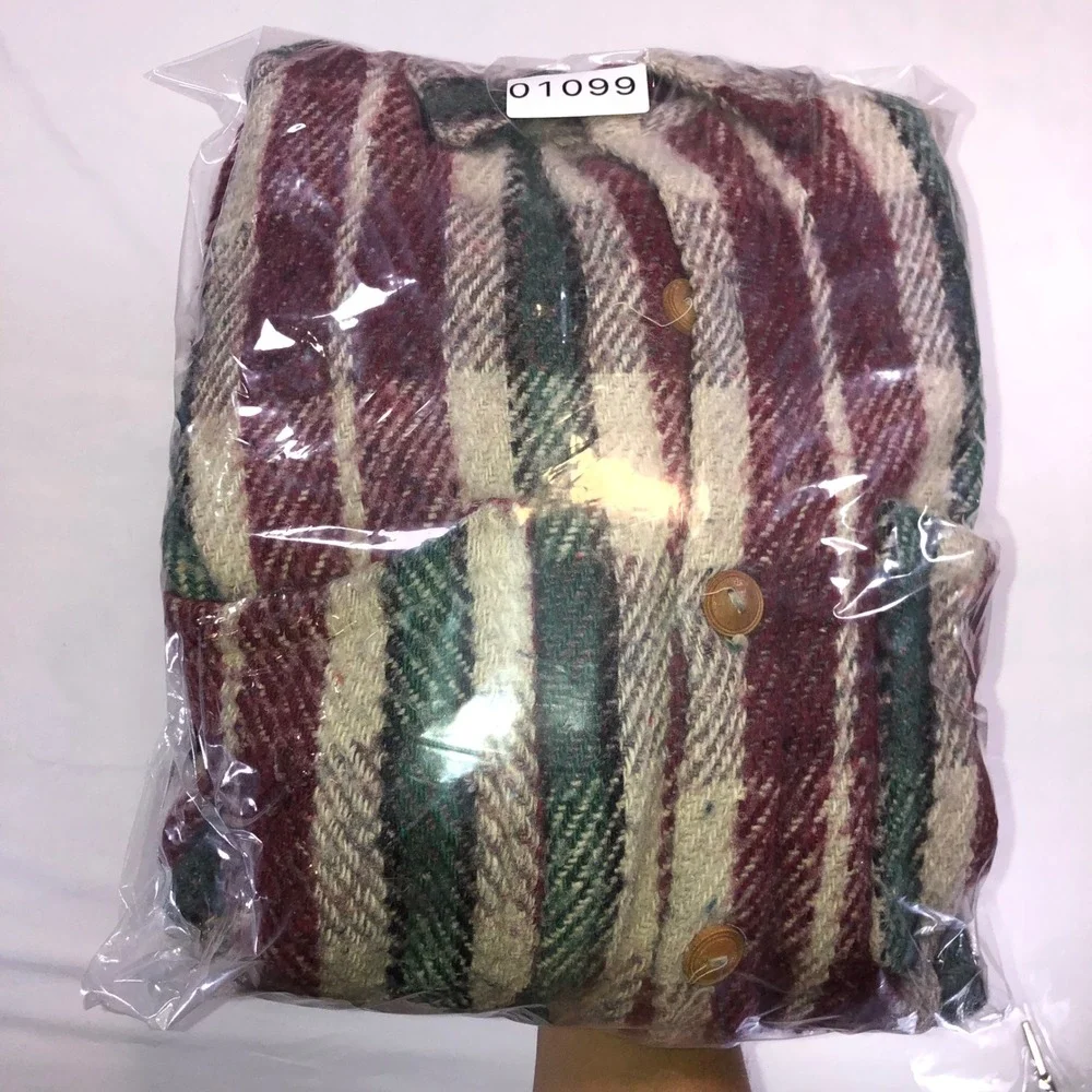 Vintage 100% Wool Striped Shirt Jacket Burgundy Green Woven Ecuador Mens XL